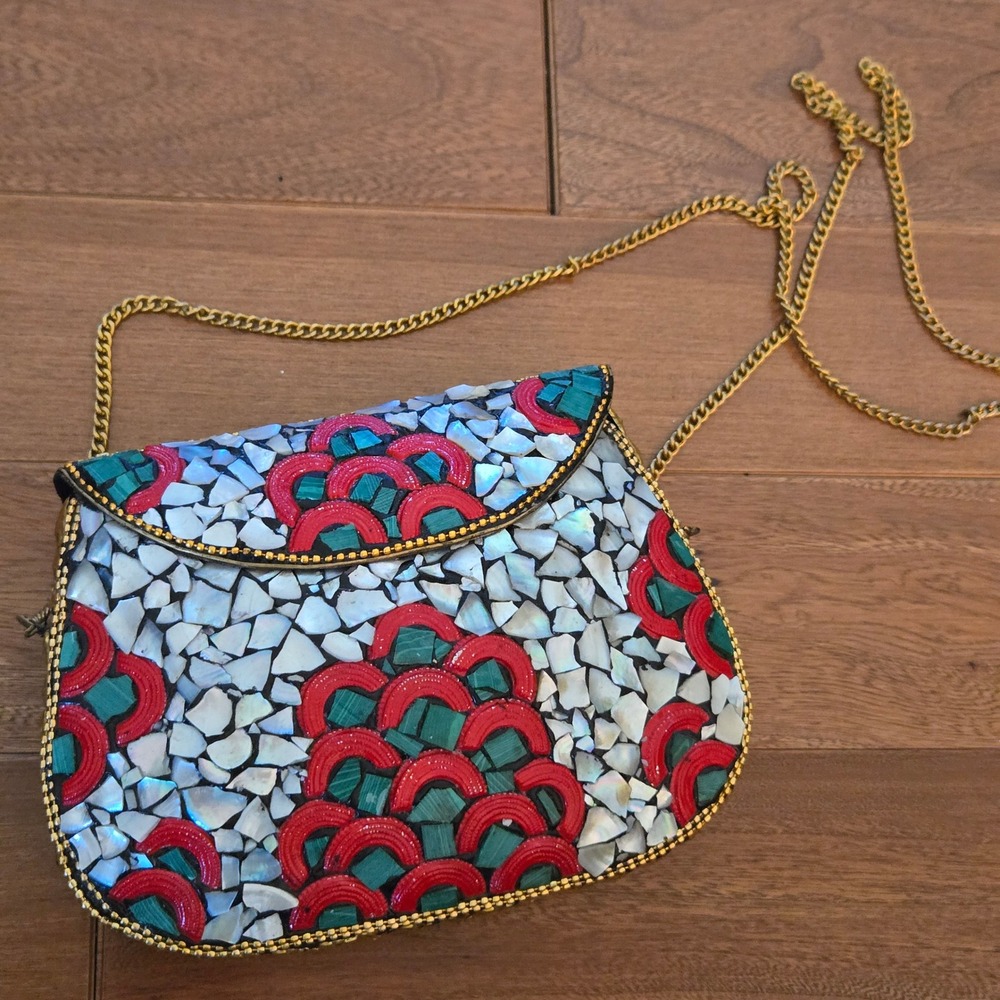 Red & Teal Mosaic Beaded Crossbody Clutch